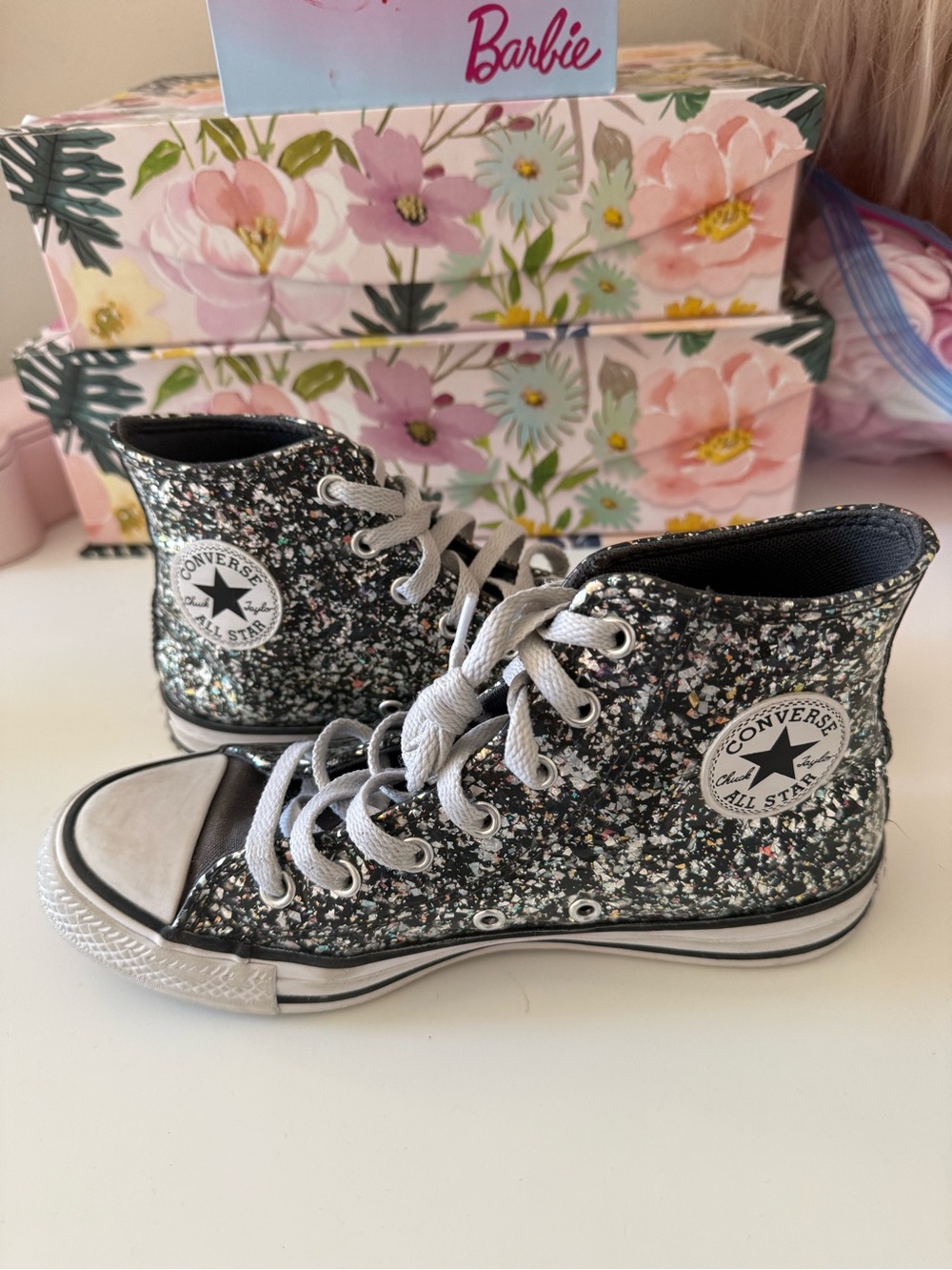 Converse Youth High Top Sneakers – Black Glitter Multicolor Fleck